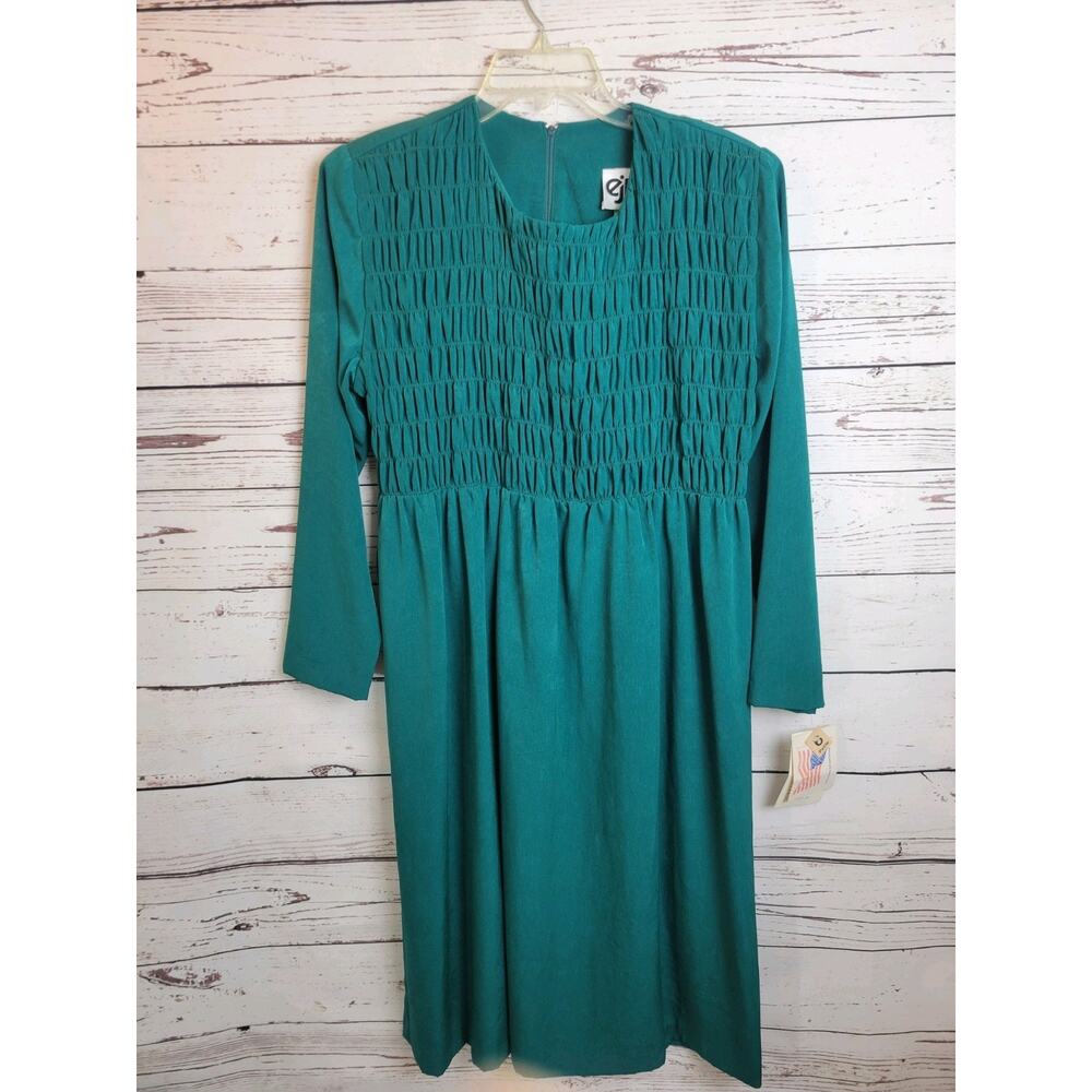 NWT Smocked Bodice Long‎ Sleeve Midi Dress VTG Ejm Kelly Green Women's Size 6P